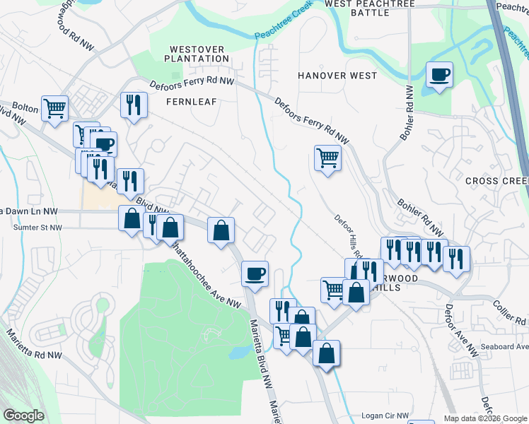 map of restaurants, bars, coffee shops, grocery stores, and more near 3002 Liberty Way Northwest in Atlanta