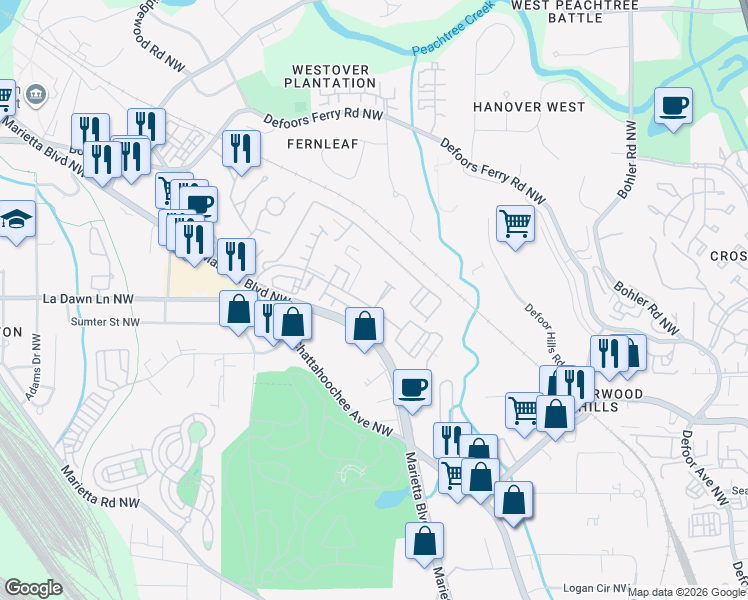 map of restaurants, bars, coffee shops, grocery stores, and more near 2129 Bolton Drive Northwest in Atlanta