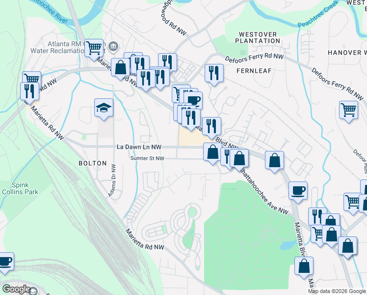 map of restaurants, bars, coffee shops, grocery stores, and more near 1845 La Dawn Lane Northwest in Atlanta
