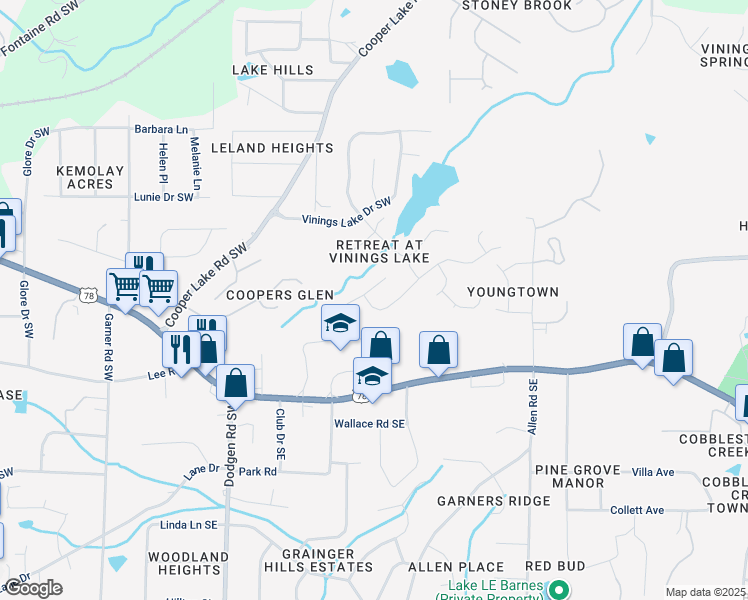 map of restaurants, bars, coffee shops, grocery stores, and more near 5605 Vinings Retreat Pass Southwest in Mableton