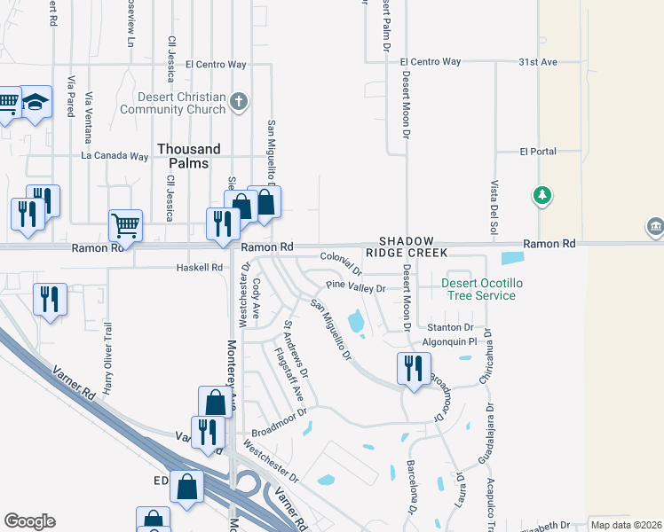 map of restaurants, bars, coffee shops, grocery stores, and more near 73260 Wyconda Street in Thousand Palms