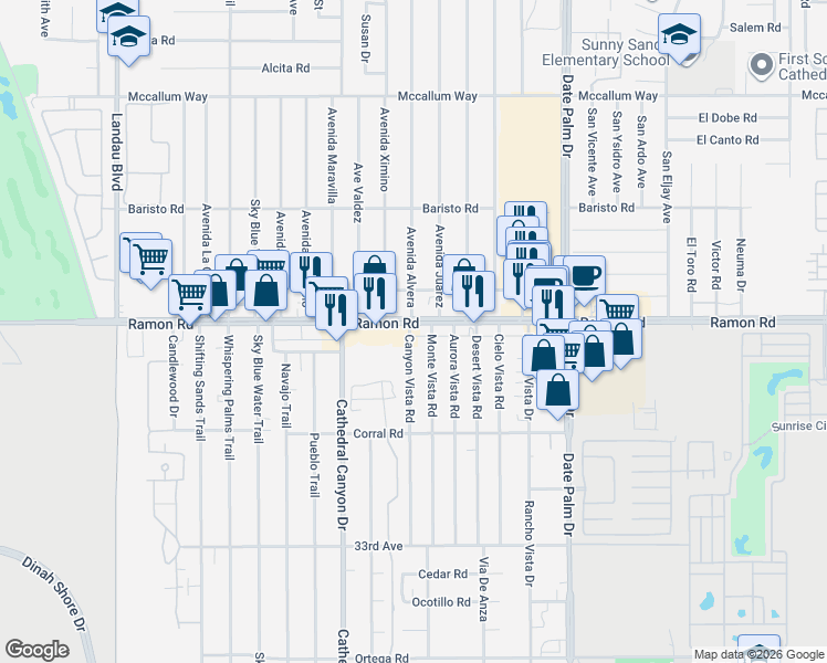 map of restaurants, bars, coffee shops, grocery stores, and more near 68655 Ramon Road in Cathedral City