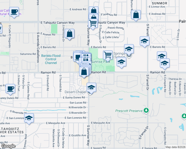 map of restaurants, bars, coffee shops, grocery stores, and more near 1745 Frontage Road in Palm Springs