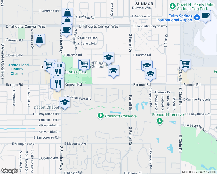 map of restaurants, bars, coffee shops, grocery stores, and more near 2208 North Sunshine Circle in Palm Springs