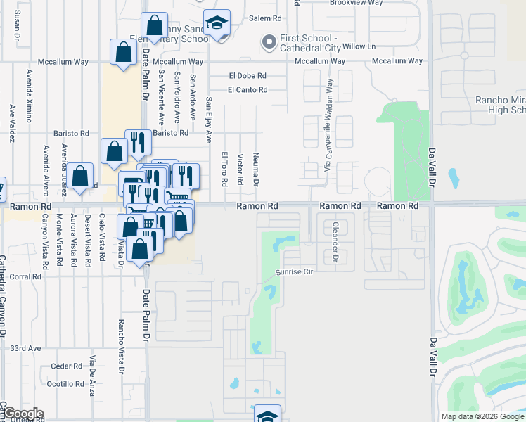 map of restaurants, bars, coffee shops, grocery stores, and more near 69510 Ramon Road in Cathedral City