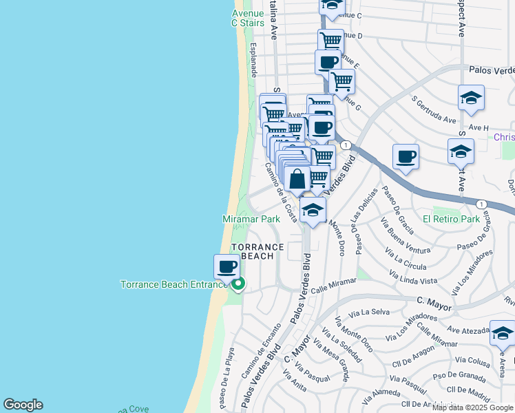 map of restaurants, bars, coffee shops, grocery stores, and more near 109 Paseo De La Playa in Redondo Beach
