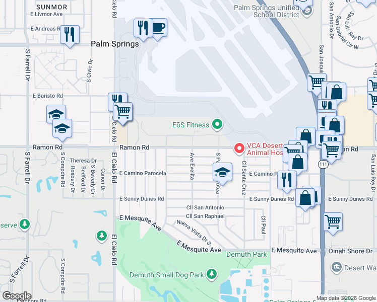 map of restaurants, bars, coffee shops, grocery stores, and more near 3845 East Ramon Road in Palm Springs