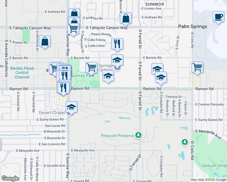 map of restaurants, bars, coffee shops, grocery stores, and more near 2206 North Sunshine Circle in Palm Springs