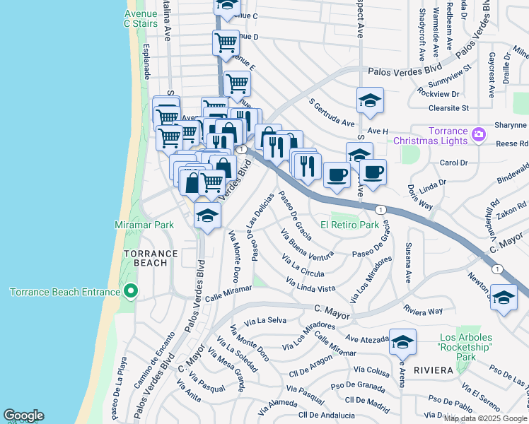 map of restaurants, bars, coffee shops, grocery stores, and more near 139 Paseo De Las Delicias in Redondo Beach