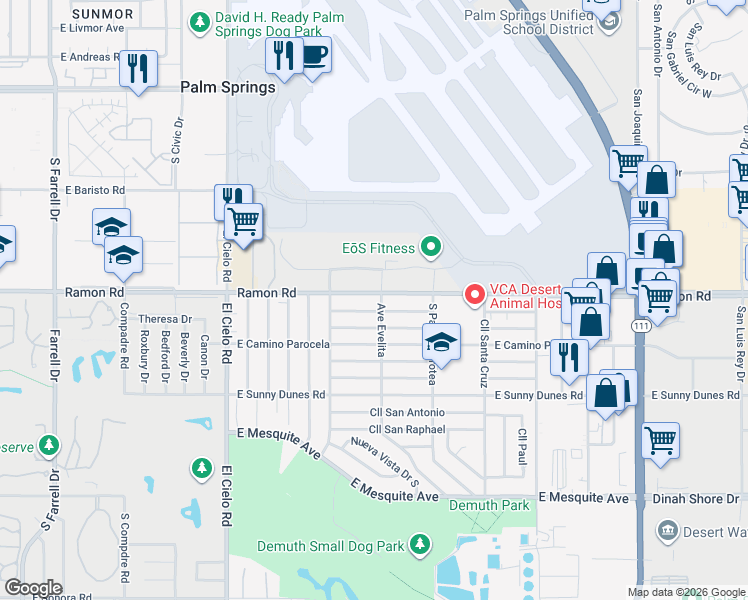 map of restaurants, bars, coffee shops, grocery stores, and more near 2 Ramon Road in Palm Springs