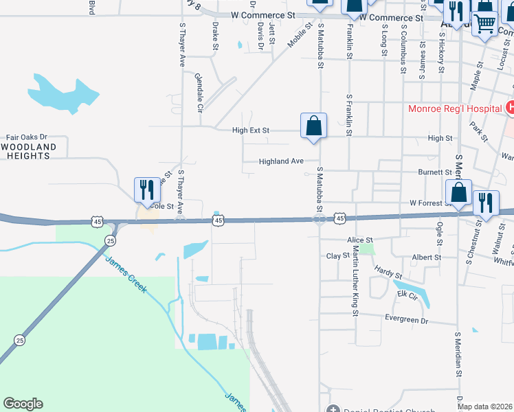 map of restaurants, bars, coffee shops, grocery stores, and more near 704 Mississippi 25 in Aberdeen