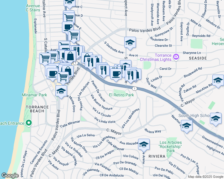 map of restaurants, bars, coffee shops, grocery stores, and more near 126 Vista Del Parque in Redondo Beach