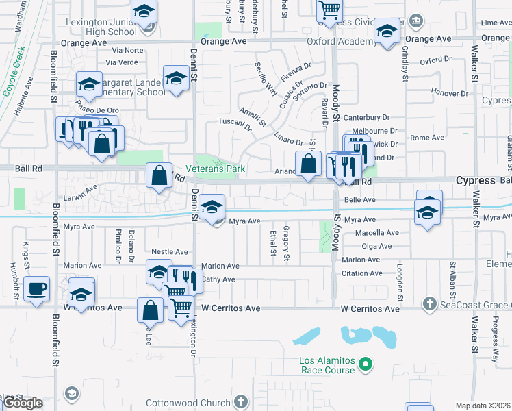 map of restaurants, bars, coffee shops, grocery stores, and more near 4714 Larwin Avenue in Cypress