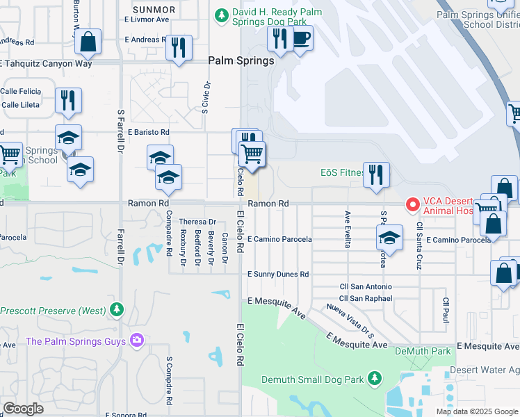 map of restaurants, bars, coffee shops, grocery stores, and more near 3400 Ramon Road in Palm Springs