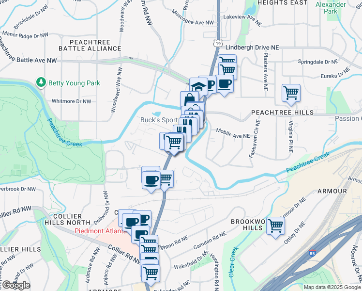 map of restaurants, bars, coffee shops, grocery stores, and more near 2254 Peachtree Road in Atlanta