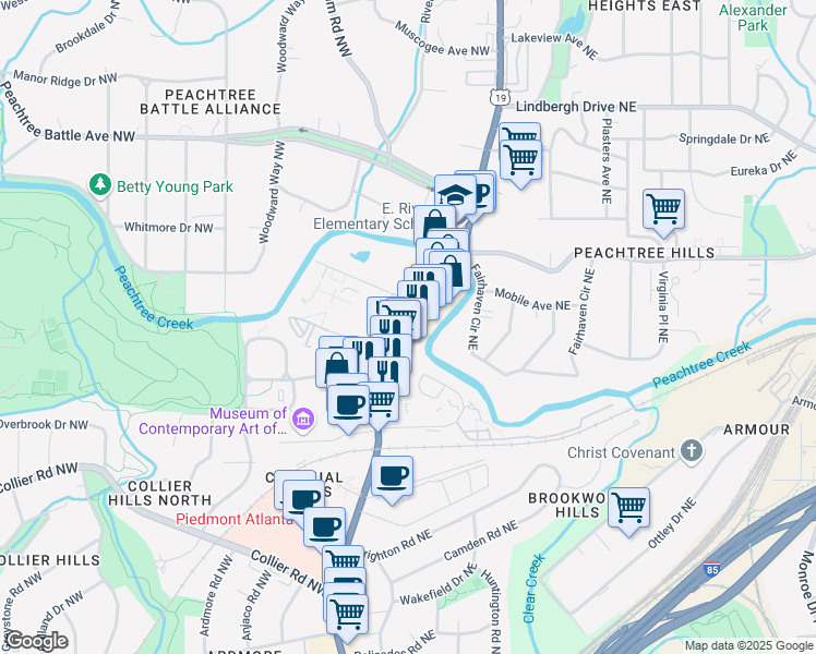 map of restaurants, bars, coffee shops, grocery stores, and more near 3324 Peachtree Street Northeast in Atlanta
