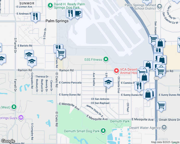 map of restaurants, bars, coffee shops, grocery stores, and more near 3845 Ramon Road in Palm Springs