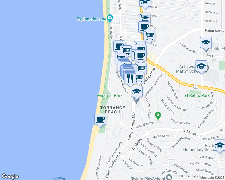 map of restaurants, bars, coffee shops, grocery stores, and more near 1804 Esplanade in Redondo Beach