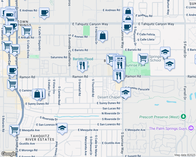 map of restaurants, bars, coffee shops, grocery stores, and more near 1397 Ramon Road in Palm Springs