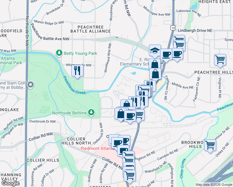 map of restaurants, bars, coffee shops, grocery stores, and more near 115 Biscayne Drive Northwest in Atlanta