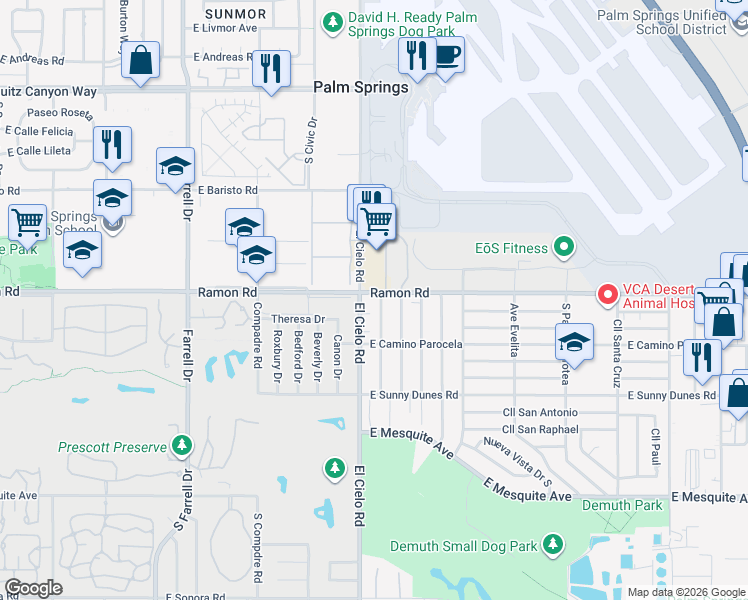 map of restaurants, bars, coffee shops, grocery stores, and more near 511 Desert View Drive in Palm Springs