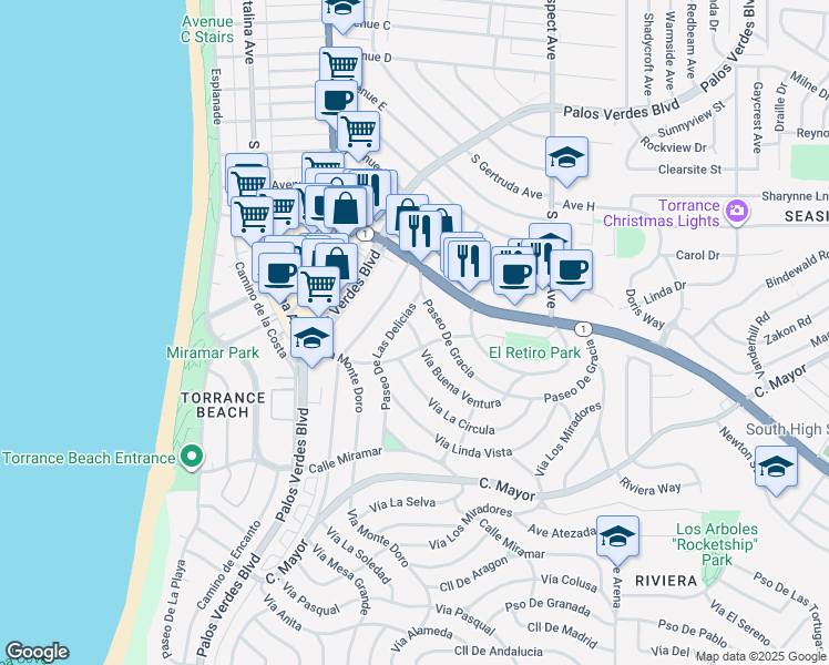 map of restaurants, bars, coffee shops, grocery stores, and more near 118 Vía Buena Ventura in Redondo Beach