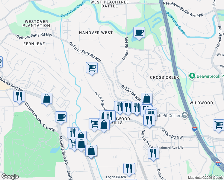 map of restaurants, bars, coffee shops, grocery stores, and more near 2160 Hills Avenue Northwest in Atlanta