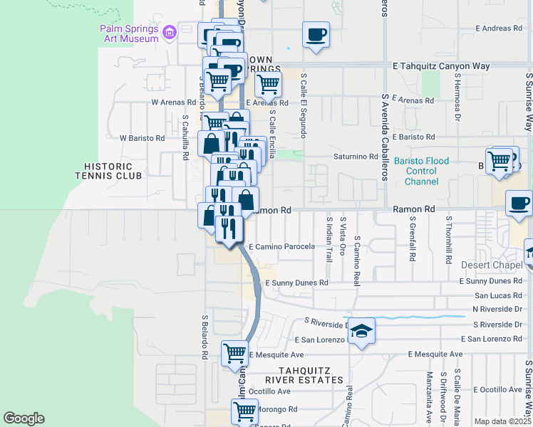 map of restaurants, bars, coffee shops, grocery stores, and more near 333 Ramon Road in Palm Springs