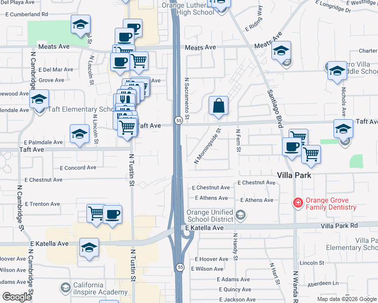 map of restaurants, bars, coffee shops, grocery stores, and more near 1693 North Brigantine Lane in Villa Park