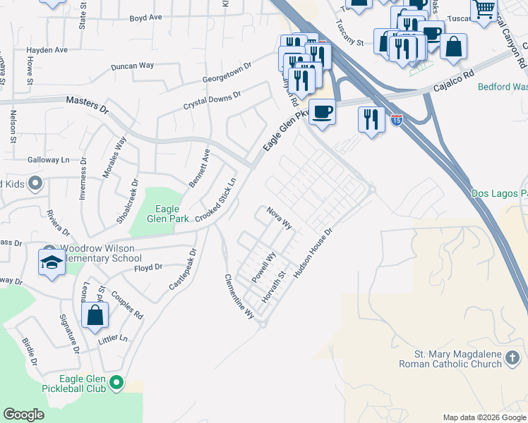 map of restaurants, bars, coffee shops, grocery stores, and more near 2303 Nova Way in Corona