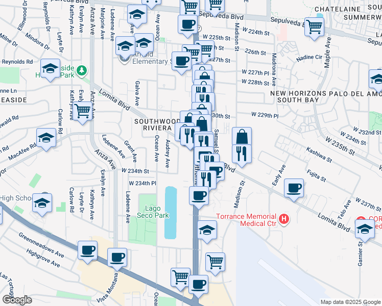 map of restaurants, bars, coffee shops, grocery stores, and more near 23305 Hawthorne Boulevard in Torrance