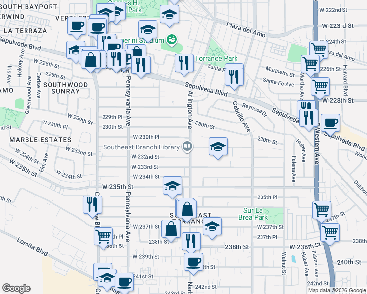 map of restaurants, bars, coffee shops, grocery stores, and more near 231st Street in Torrance