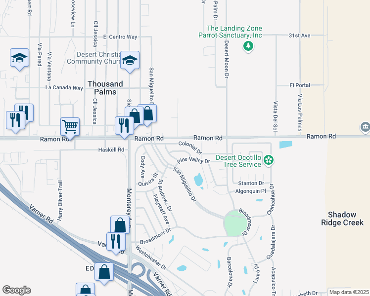 map of restaurants, bars, coffee shops, grocery stores, and more near 73260 Wyconda Street in Thousand Palms