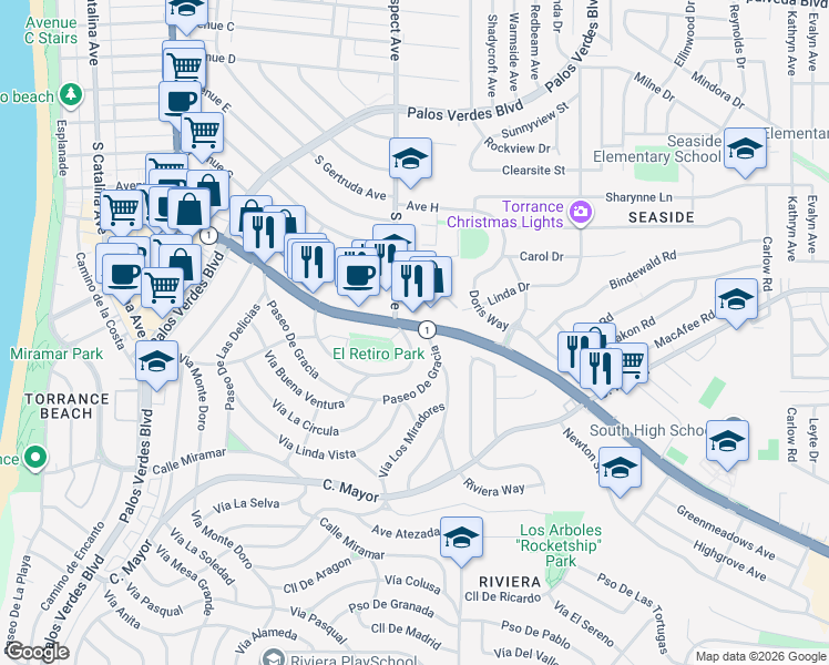 map of restaurants, bars, coffee shops, grocery stores, and more near 5858 South Pacific Coast Highway in Redondo Beach