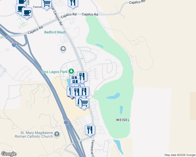 map of restaurants, bars, coffee shops, grocery stores, and more near 4329 Junction Street in Corona