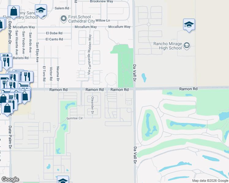 map of restaurants, bars, coffee shops, grocery stores, and more near 69801 Ramon Road in Cathedral City