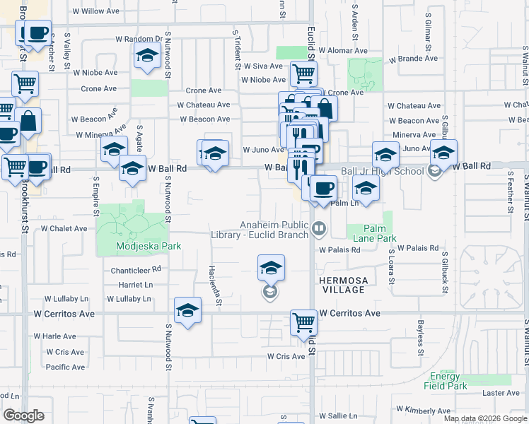 map of restaurants, bars, coffee shops, grocery stores, and more near 1769 Castle Avenue in Anaheim