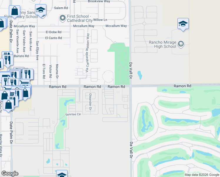 map of restaurants, bars, coffee shops, grocery stores, and more near 69801 Ramon Road in Cathedral City