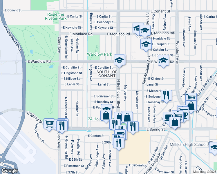 map of restaurants, bars, coffee shops, grocery stores, and more near 5416 Lanai Street in Long Beach