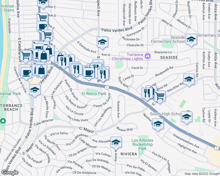 map of restaurants, bars, coffee shops, grocery stores, and more near 5816 South Pacific Coast Highway in Torrance