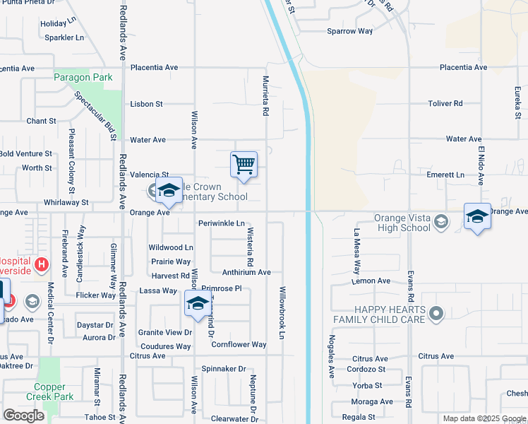 map of restaurants, bars, coffee shops, grocery stores, and more near 660-698 Orange Avenue in Perris