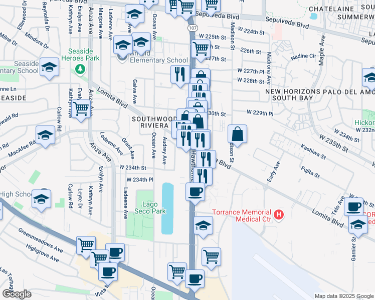 map of restaurants, bars, coffee shops, grocery stores, and more near 23305 Hawthorne Boulevard in Torrance