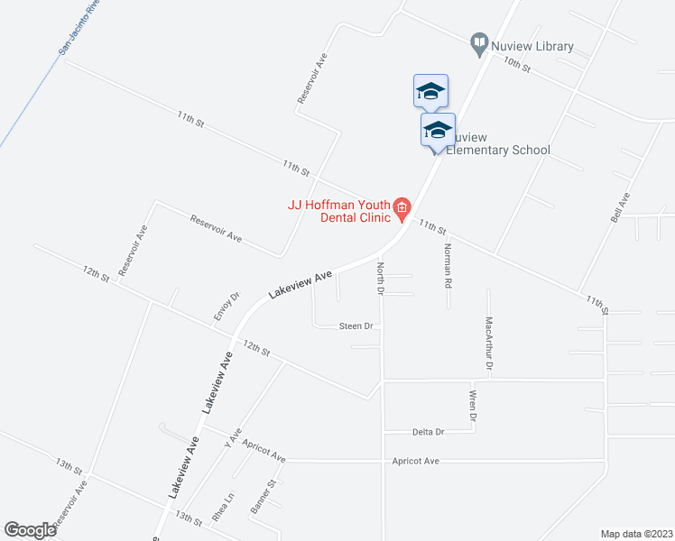 map of restaurants, bars, coffee shops, grocery stores, and more near Lakeview Avenue in Nuevo