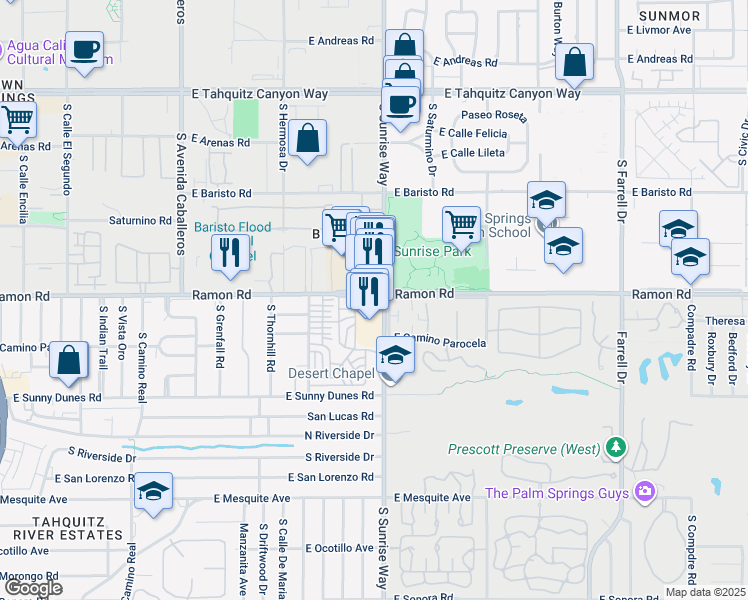 map of restaurants, bars, coffee shops, grocery stores, and more near 425 F South Sunrise Way in Palm Springs