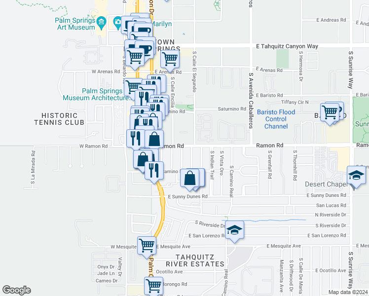 map of restaurants, bars, coffee shops, grocery stores, and more near 471 South Calle El Segundo in Palm Springs