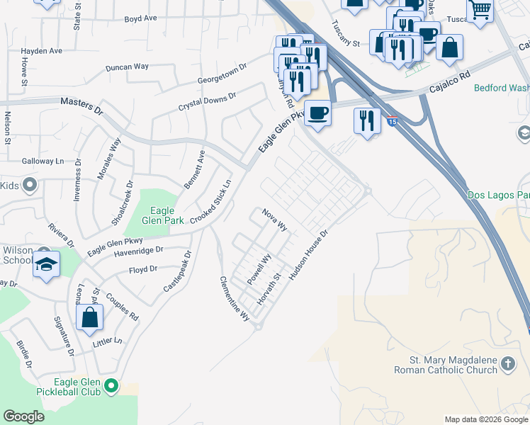 map of restaurants, bars, coffee shops, grocery stores, and more near 2308 Nova Way in Corona