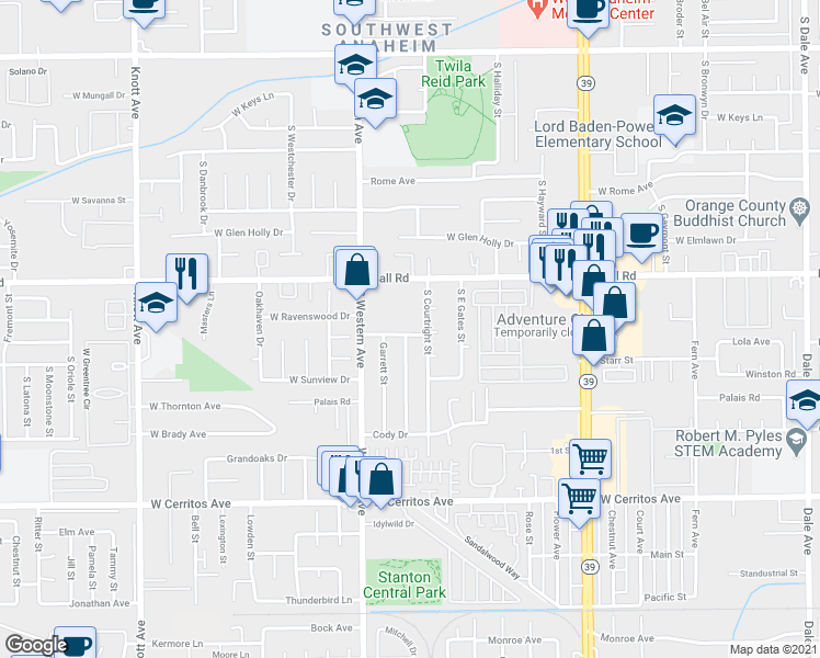 map of restaurants, bars, coffee shops, grocery stores, and more near 3141 West Lanerose Drive in Anaheim