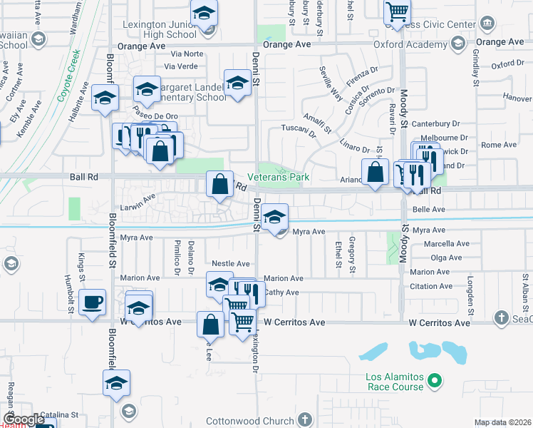 map of restaurants, bars, coffee shops, grocery stores, and more near 4484 Larwin Avenue in Cypress