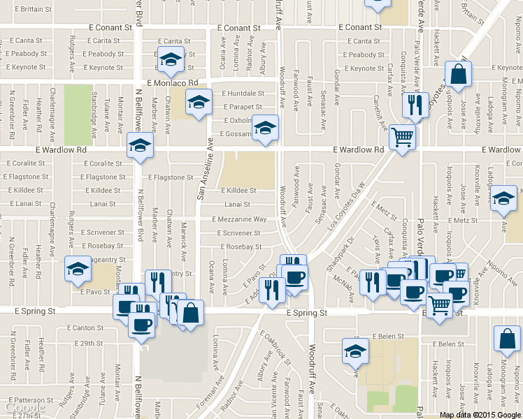 map of restaurants, bars, coffee shops, grocery stores, and more near 5877 Lanai Street in Long Beach
