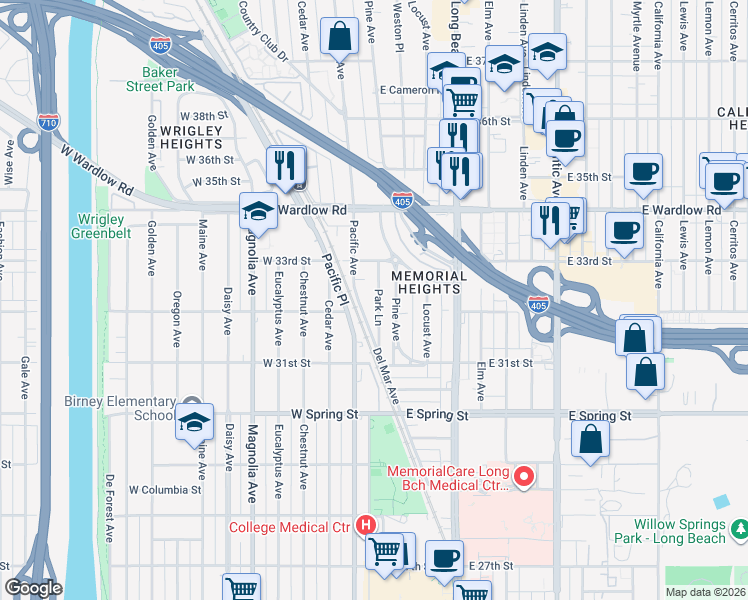 map of restaurants, bars, coffee shops, grocery stores, and more near 3242 Park Lane in Long Beach